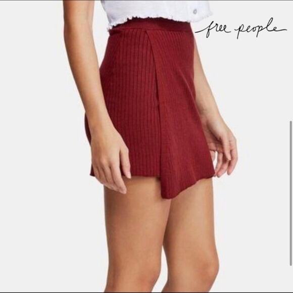 Free People Mod Faux Wrap Ribbed Mini Skirt Burgundy Size M Boho Minimalist - Picture 7 of 14